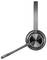 Een draadloze headset met een microfoonarm aan de linkerkant. Hij heeft een elegant, modern design en is uitgevoerd in een donkere kleur.
