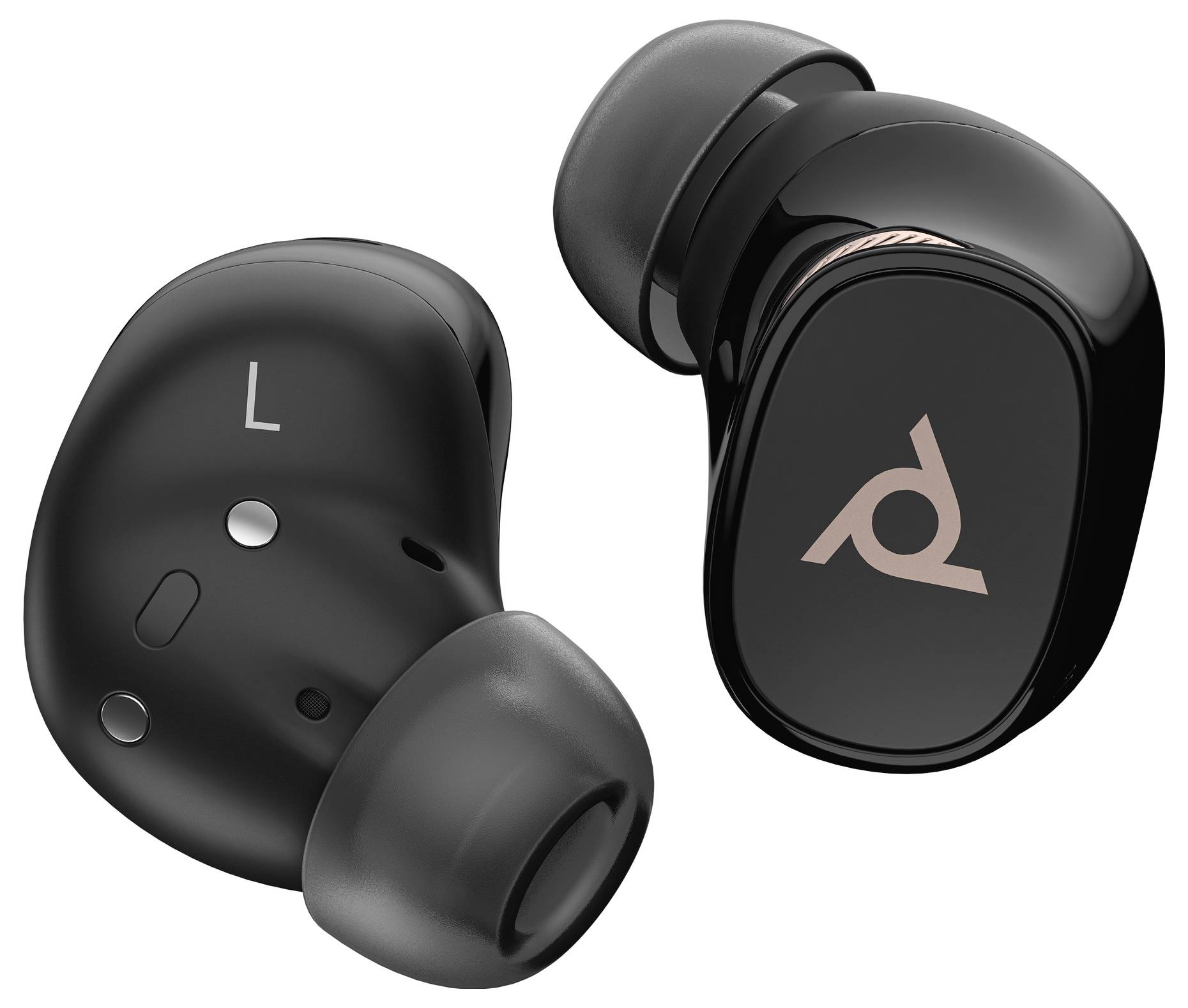 Zwarte draadloze oordopjes met een mat en glanzend afwerking. Links een oordopje met 'L'-markering, rechts tonen ze een gestileerd logo.