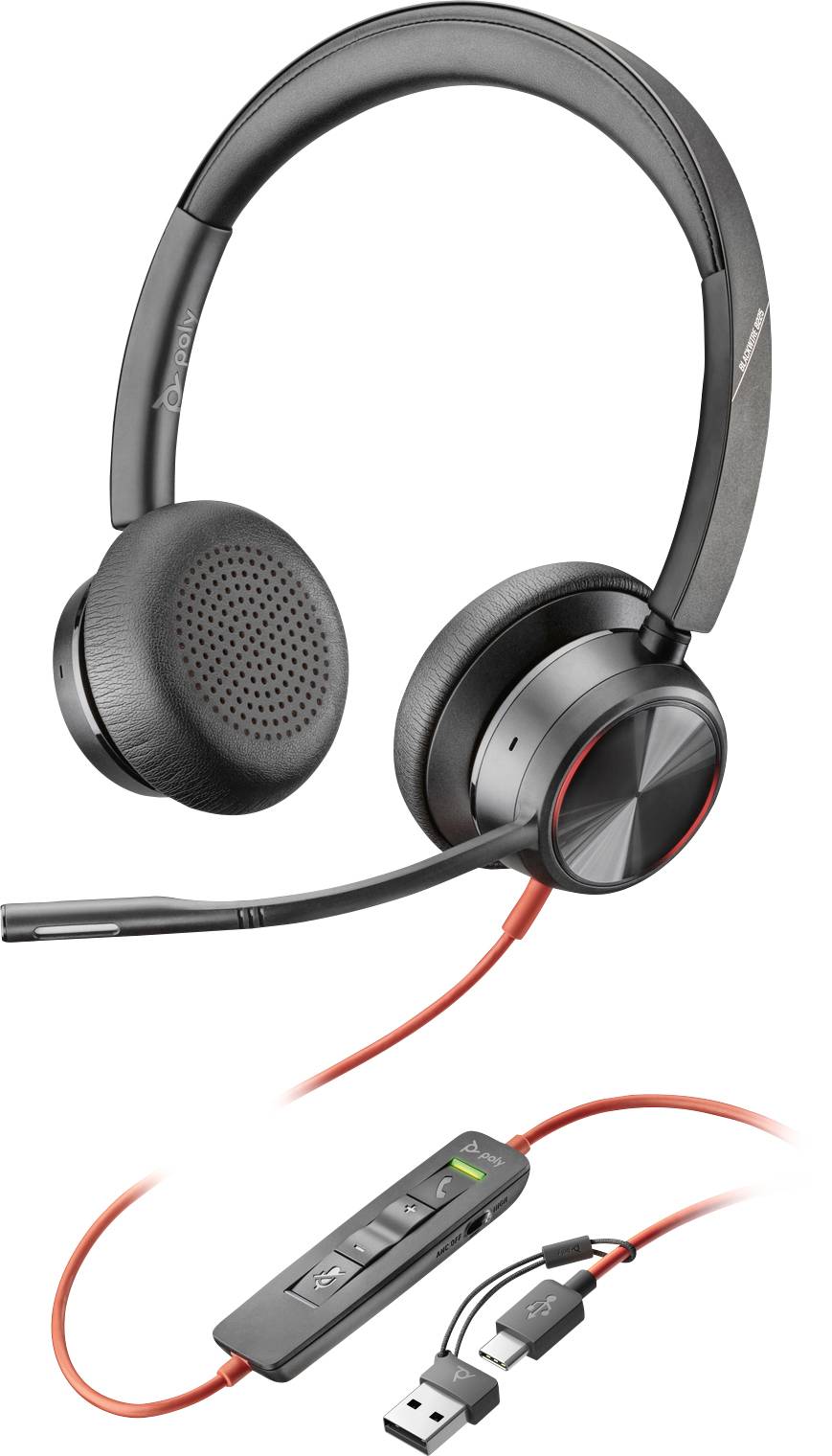 Zwart USB-headset met rood snoer en geïntegreerde microfoon. Volumeregelaar en bedieningsknoppen aan het snoer. Ideaal voor pc-gebruik.