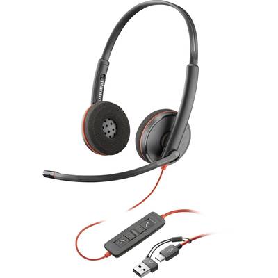 Zwart headset met rood kabel, microfoonarm en USB-aansluiting. Ideaal voor telefoongesprekken of videoconferenties met heldere geluidskwaliteit.