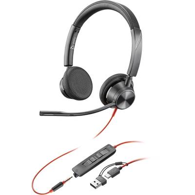 Een zwarte headset met microfoon en rode kabels. Het heeft bedieningselementen voor volume en demping, evenals aansluitingen voor USB en een 3,5 mm-jackplug.