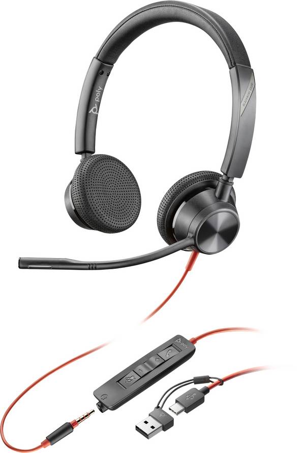 POLY Blackwire 3325 Stereo USB-C Headset + 3,5 mm-stekker + USB-C/A-adapter