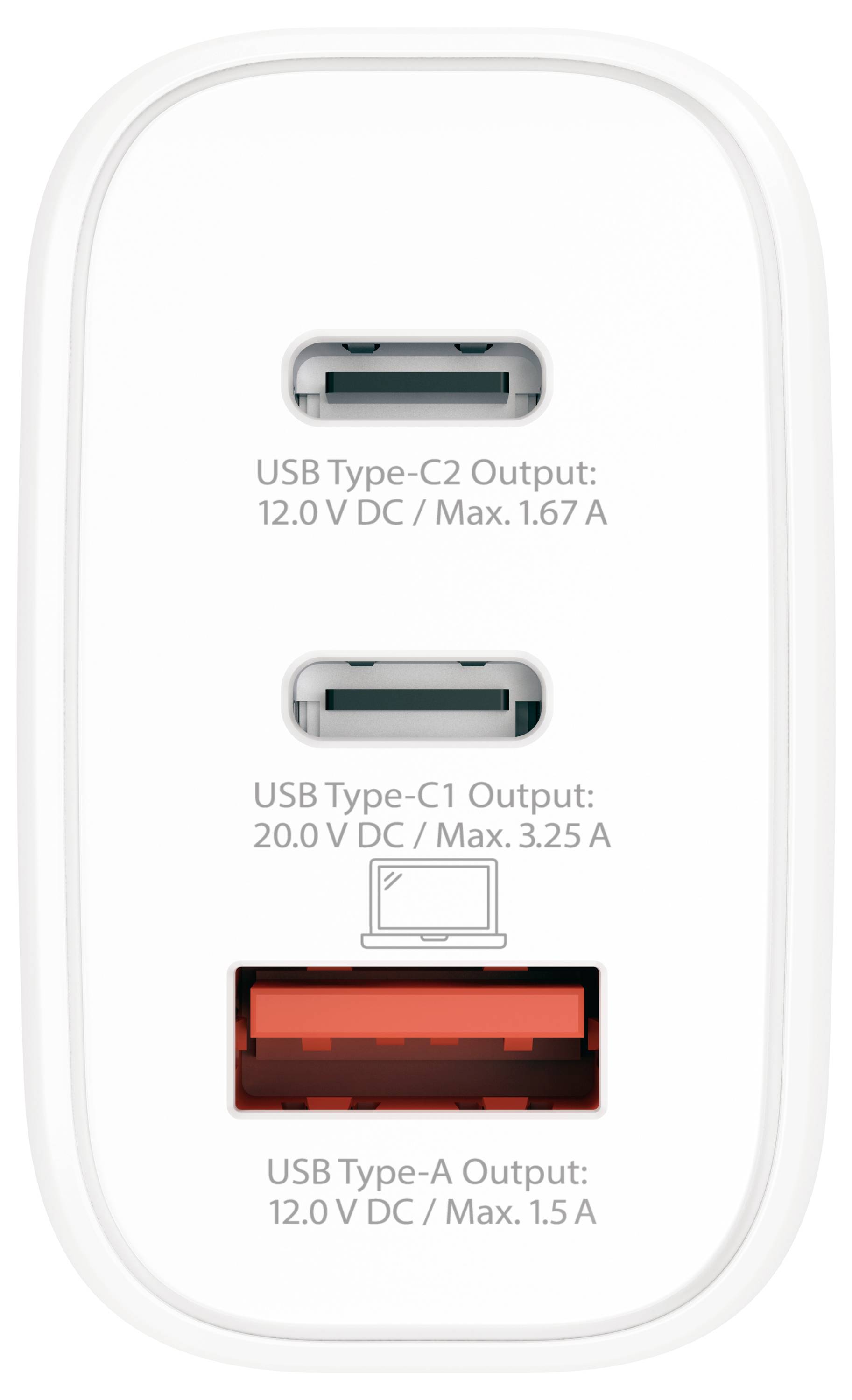 Oplaadaansluitingen: Boven USB Type-C2 (12,0 V, 1,67 A), Midden USB Type-C1 (20,0 V, 3,25 A, Laptop-symbool), Onder USB Type-A (12,0 V, 1,5 A).