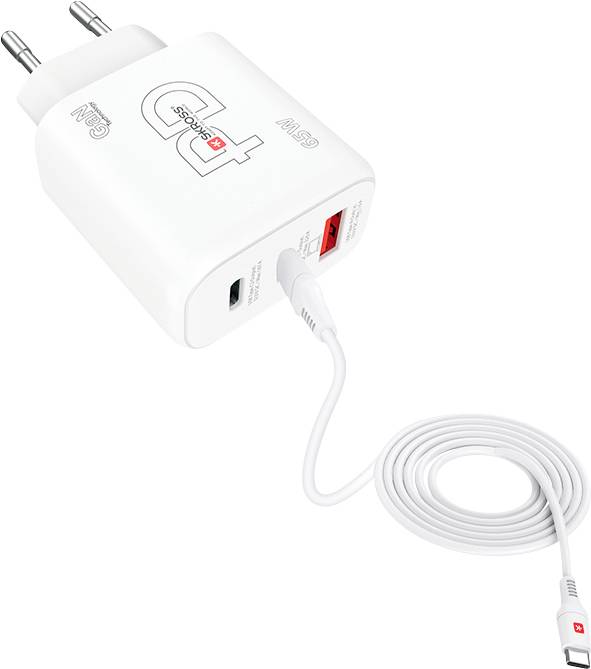 Een witte oplader met USB-C- en USB-A-poorten, verbonden met een wit kabel. Opschrift: 'PD Fast Charger' en '65W'.