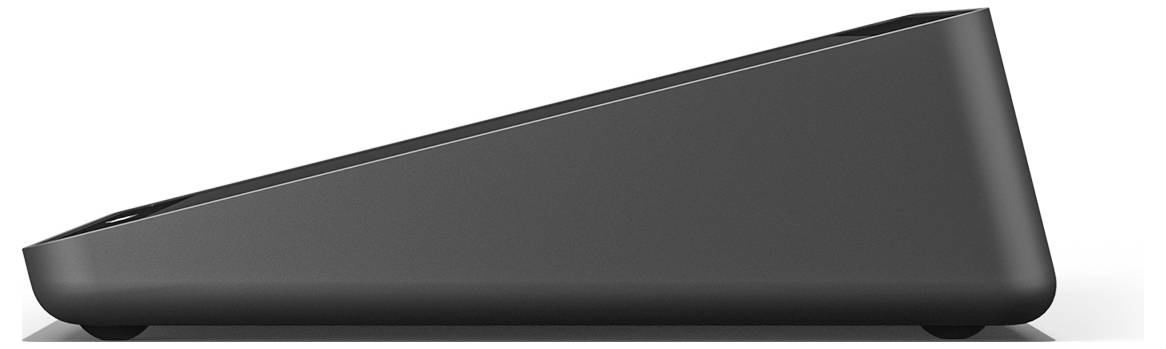 Een stijlvolle, zwarte schuine inkeping voor een slanke elektronische apparaat, mogelijk een dockingstation of laadstation.