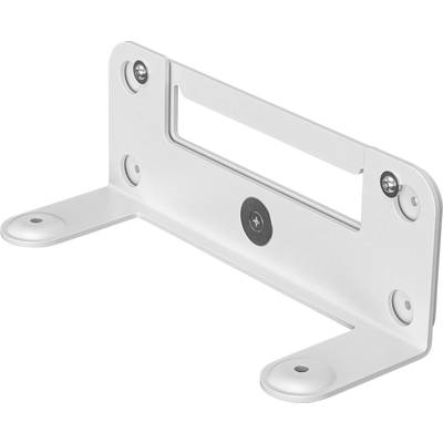 Een witte metalen beugel met bevestigingsgaten aan de zijkanten. Hij is ontworpen voor wandmontage of voor het bevestigen van apparaten.