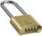 Een hangslot van messing met nummercode. De code toont '2 0 9 1'. Bovenaan zit een gebogen stalen beugel.