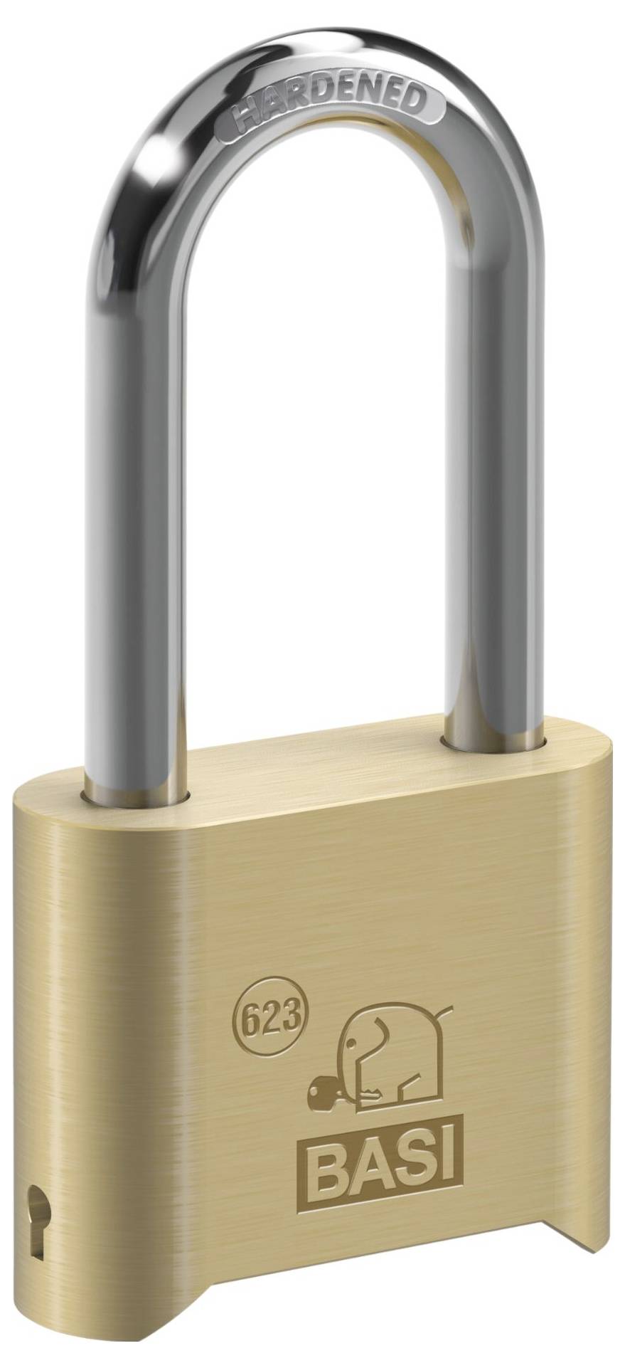 Een hangslot van messing met een rond beugel, voorzien van het opschrift 'BASI'. Het vertoont een klein olifantenlogo en het nummer 623.