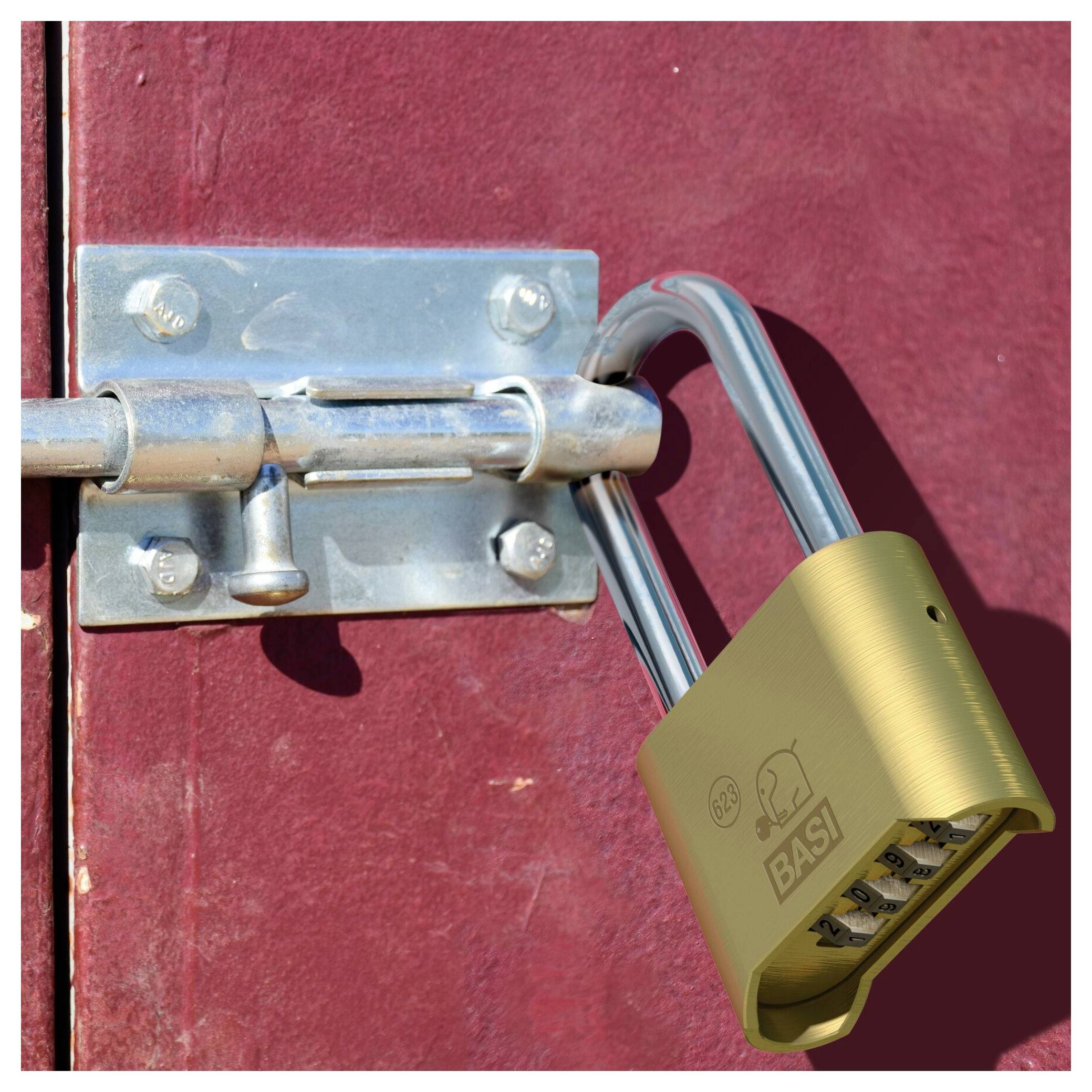 Een hangslot beveiligt een rode deur met een zilveren grendel. Het slot draagt het opschrift 'BASI'.