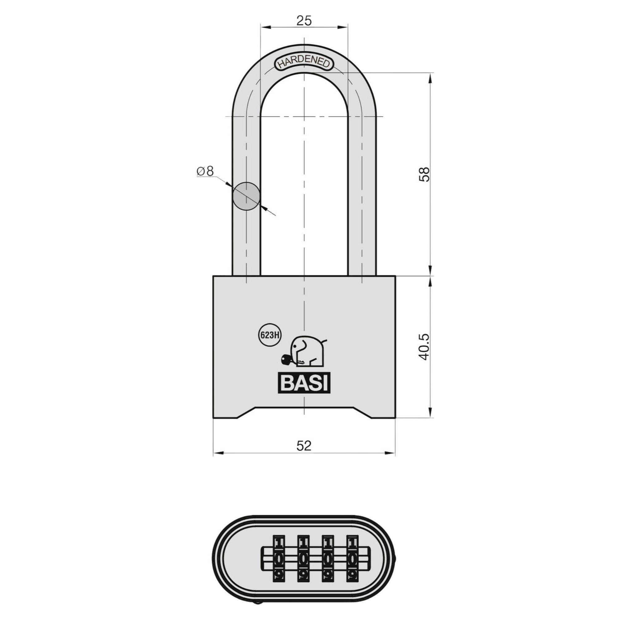 Hangslot-diagram met afmetingen: 58 mm hoogte, 52 mm breedte. Vergrendelmechanisme met nummercode. Merklogo zichtbaar.
