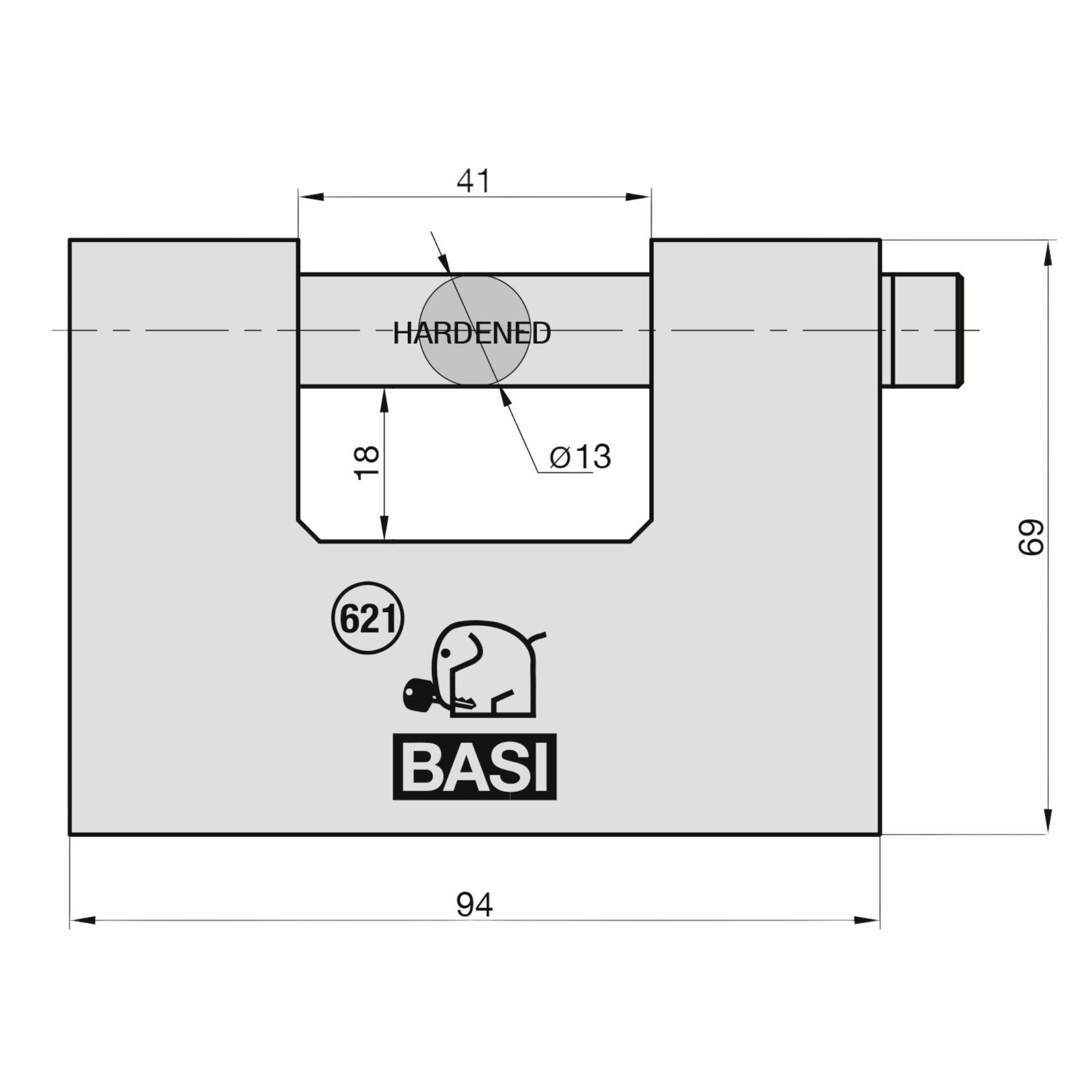 Afbeelding van een hangslot met afmetingen 94 x 69 mm en het opschrift 'BASI'. Hangslotmodel nummer: 621.