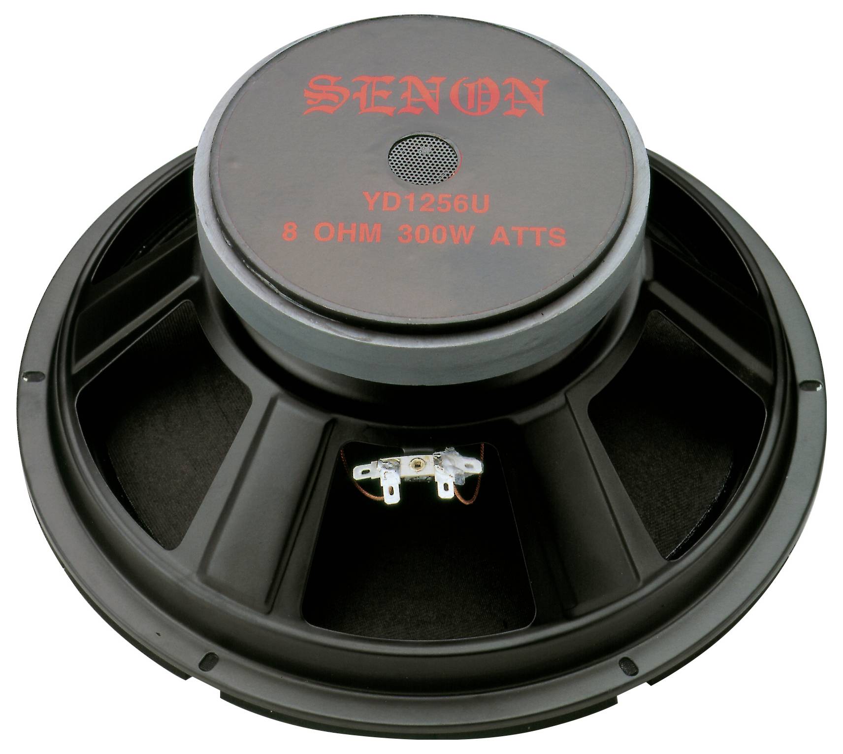 Luidspreker met de tekst 'SENON YD1256U 8 OHM 300W ATTS' op de achterkant. Zwart met rode letters.