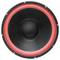 Luidspreker met rode rand en zwarte kegel in het midden.
