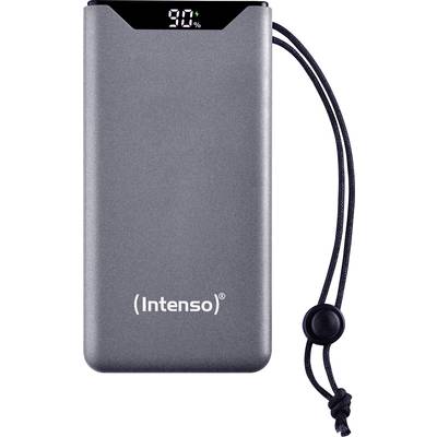 Een grijze powerbank met een digitaal display dat '90%' aangeeft. Een zwart koord met een koordstop is eraan bevestigd.