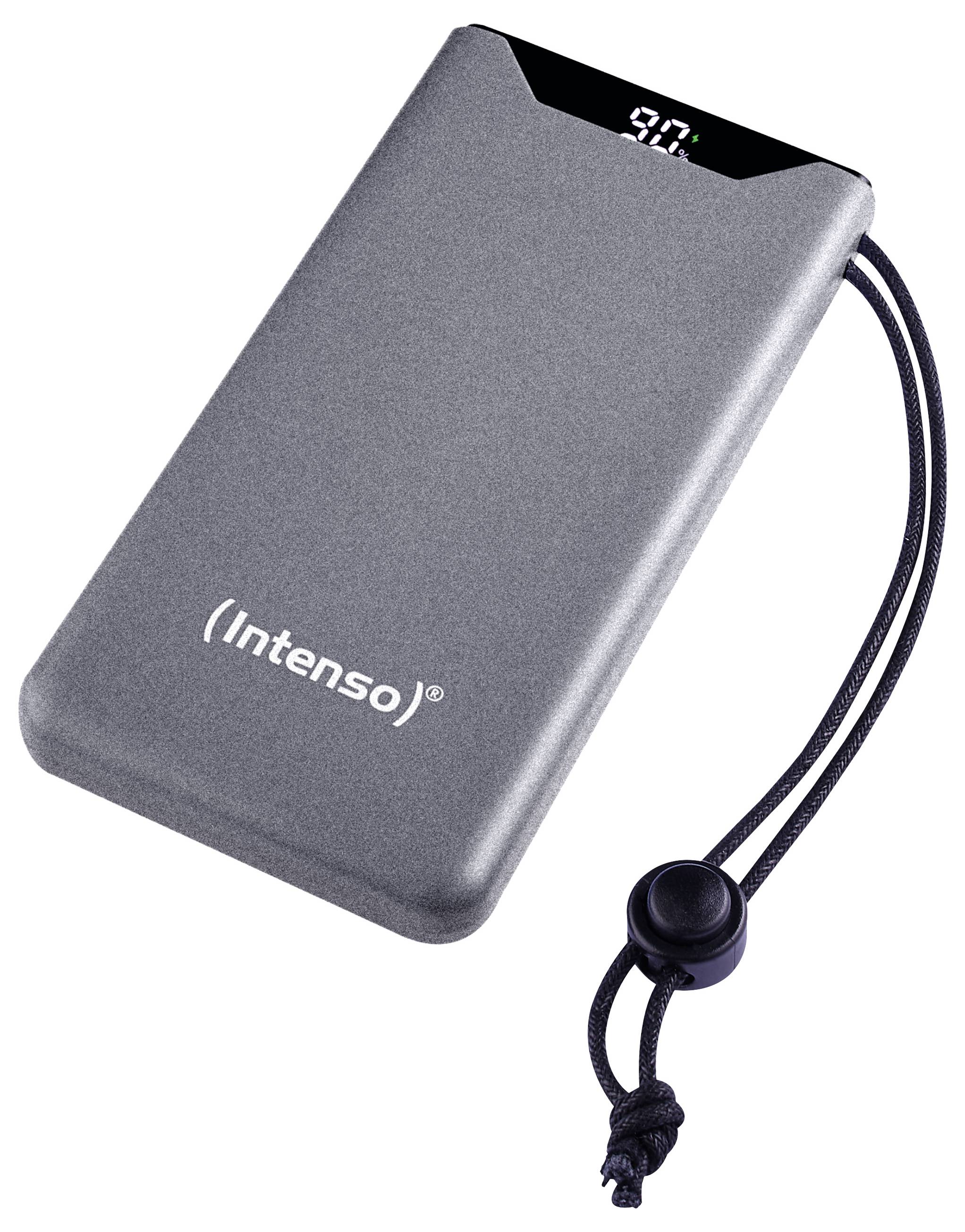 Grijze powerbank met een digitaal display dat de laadstatus toont. Een zwart bandje is aan de zijkant bevestigd.