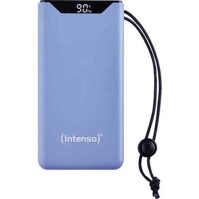 'Intenso' blauwe powerbank met digitale weergave toont 90% batterijlading. Zwart koord aan de zijkant.
