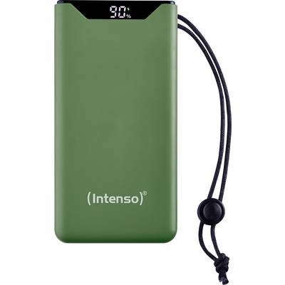 'Groene Intenso Powerbank met digitale weergave van 90% batterijlading en lus aan de rechterkant.'