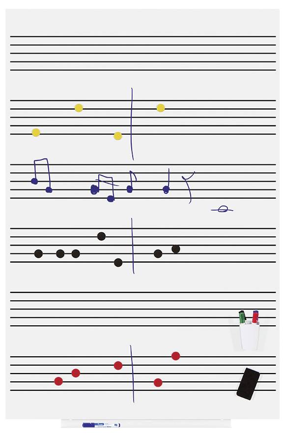 Muzieknoten en gekleurde stippen op een muziekblad, vermoedelijk een weergave van noten en ritmes voor muzikaal onderwijs.
