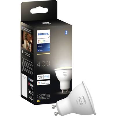 'Philips Hue White' LED-gloeilamp en verpakking. Compatibel met Alexa en Google Home. GU10-fitting, 400 lumen.