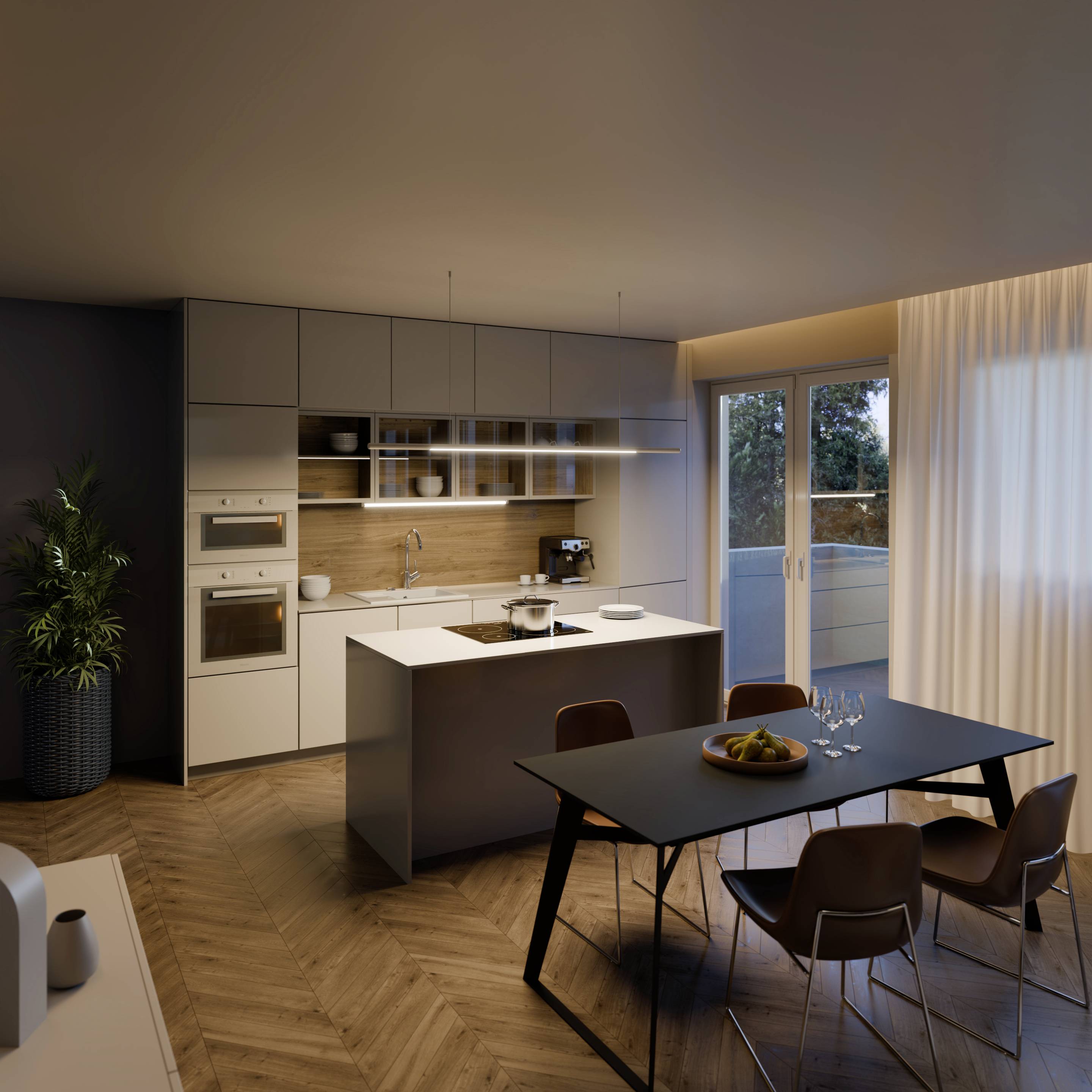 Moderne keuken met een centrale eilandopstelling, eethoek met vier stoelen, grote ramen op de achtergrond, elegante inrichting.