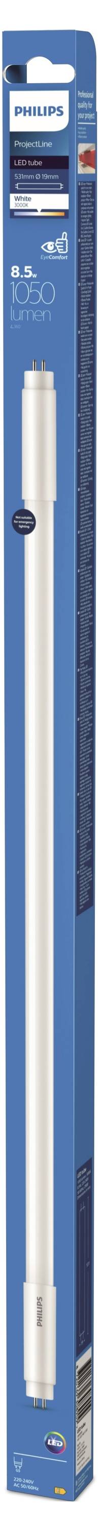 Verpakking van een LED-buis, 60 cm, 8 W, 850 Lumen, koel wit. Rechthoekige blauwe doos met productgegevens en merkenlogo's.