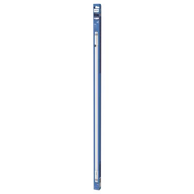 Een lange, witte tl-buis in een blauwe verpakking, verticaal gepositioneerd.