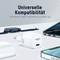 De afbeelding toont elektronische apparaten zoals een smartwatch, een oplader en een notebook onder de titel 'Universele compatibiliteit'.