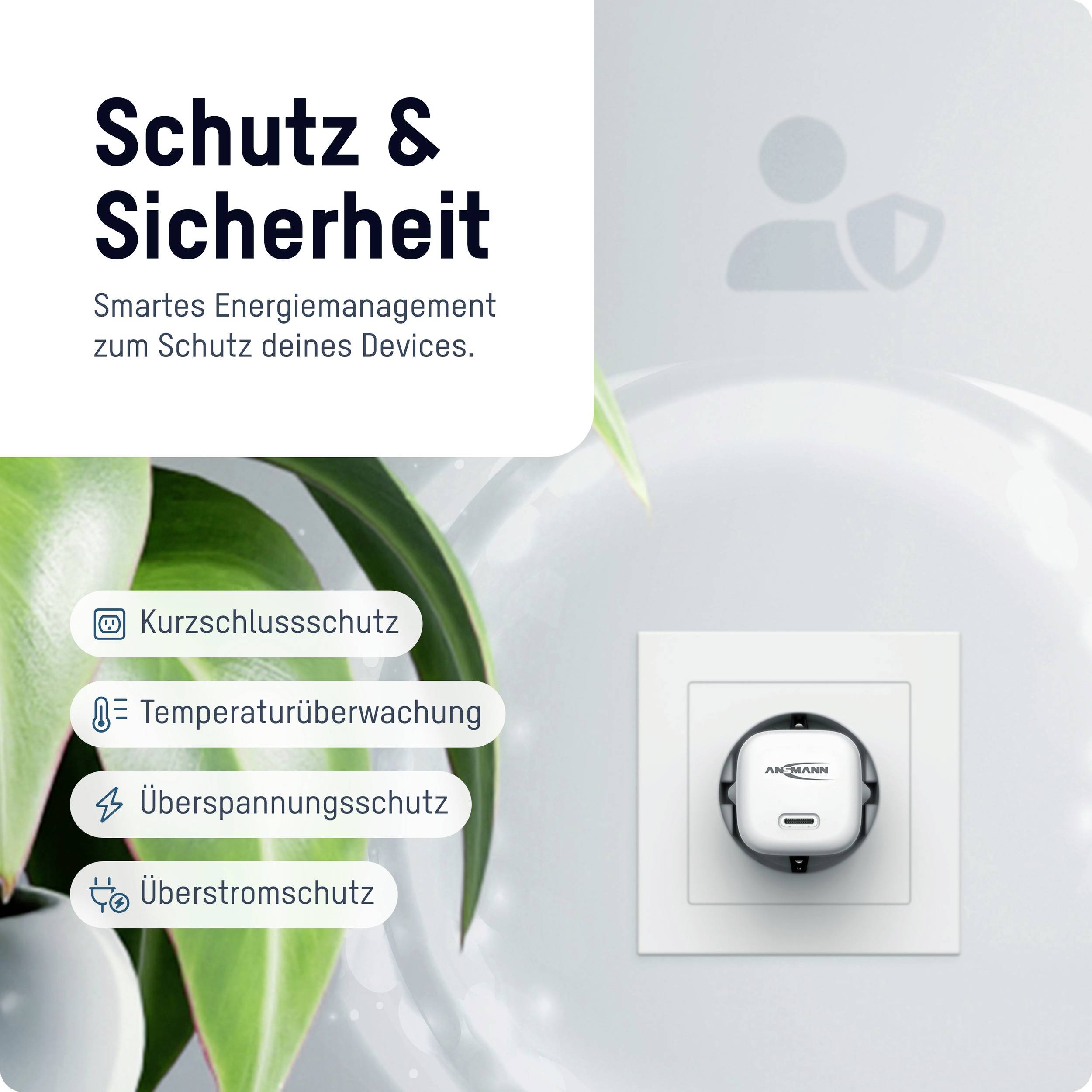 'Bescherming & Veiligheid' staat op een advertentie voor een slim energiebeheer dat kortsluitbeveiliging, temperatuur- en overspanningsbewaking biedt.
