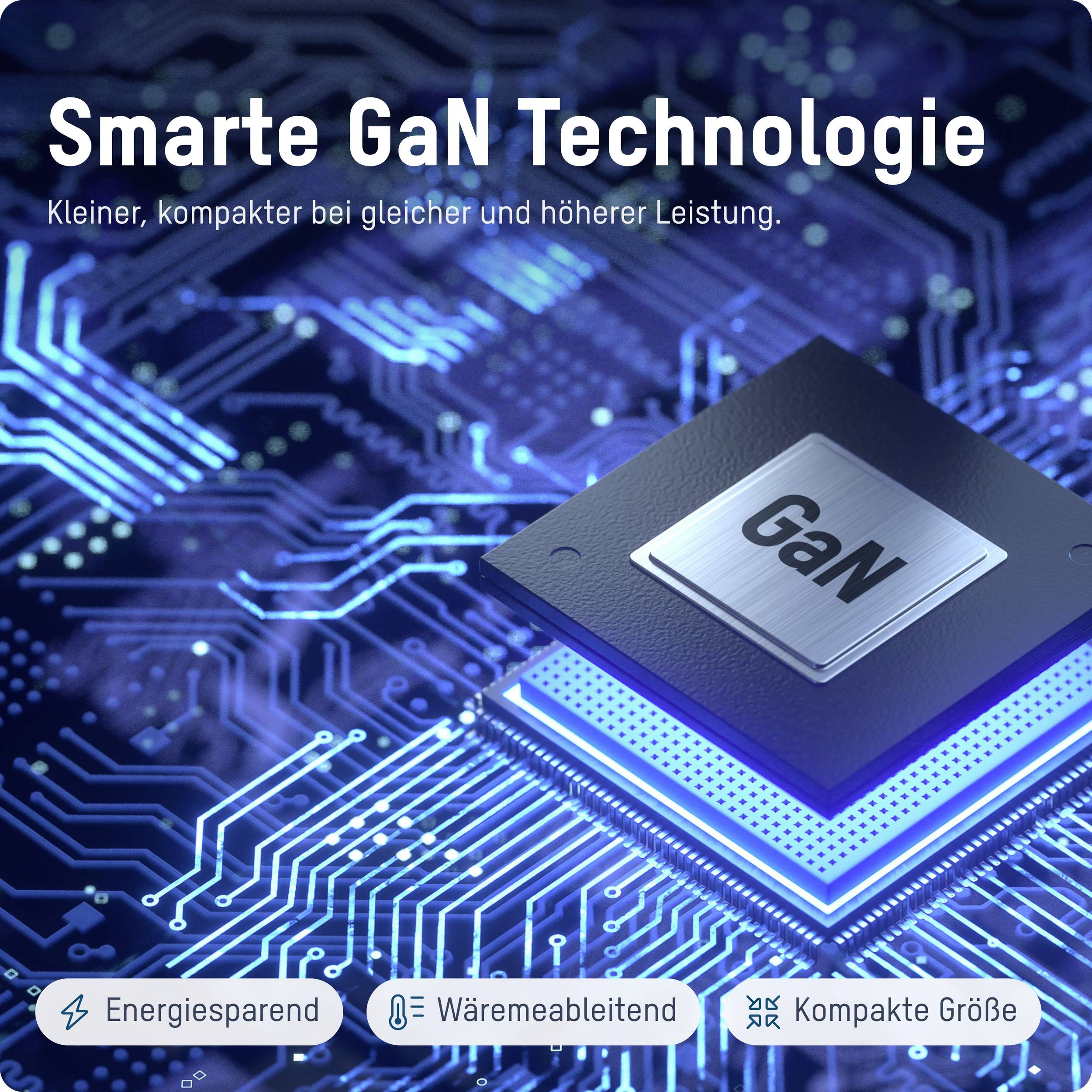 'Slimme GaN-technologie' toont een GaN-chip op een blauwe, lichtgevende printplaatachtergrond. Voordelen: energiezuinig, warmteafvoerend, compact.
