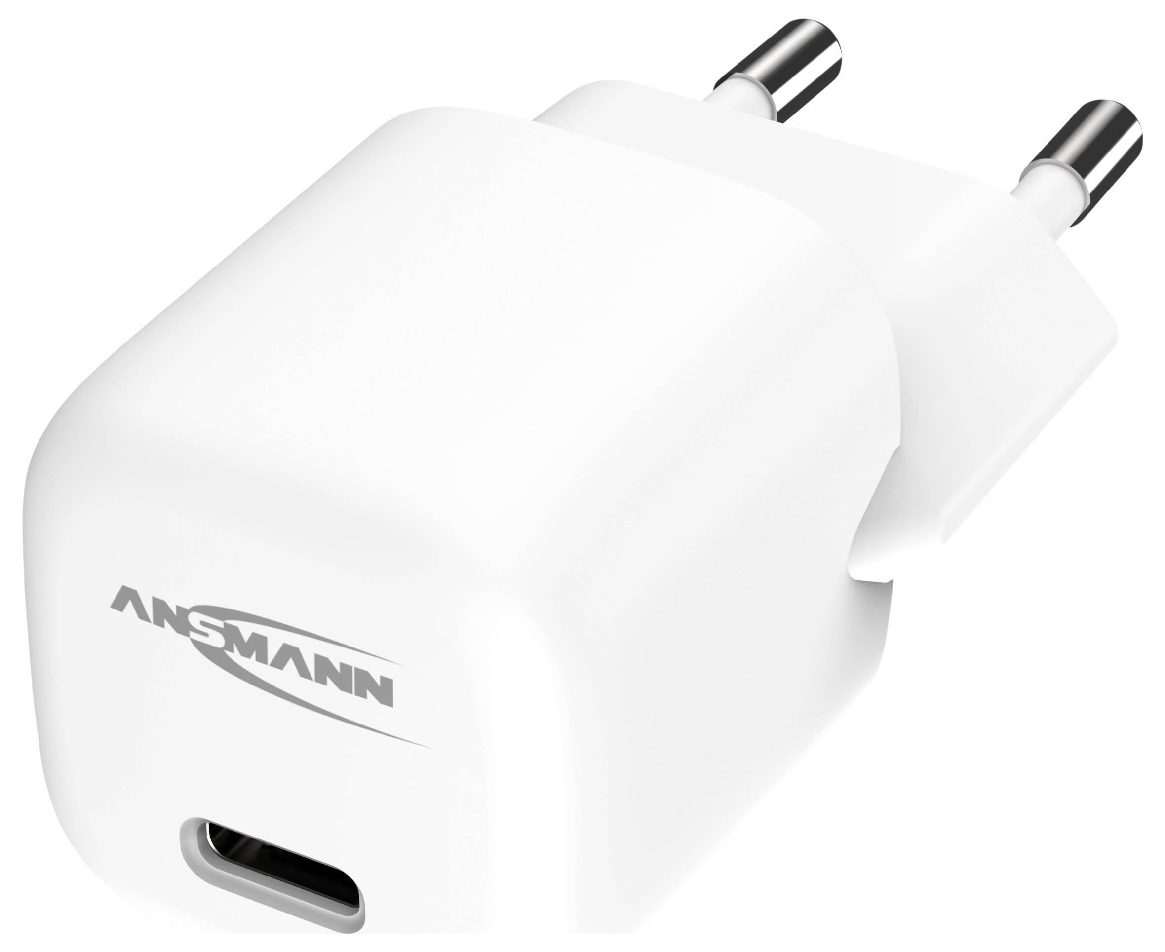 Een witte USB-oplader met twee aansluitingen en het 'ANSMANN'-logo. Het is geschikt voor het opladen van apparaten zoals smartphones.