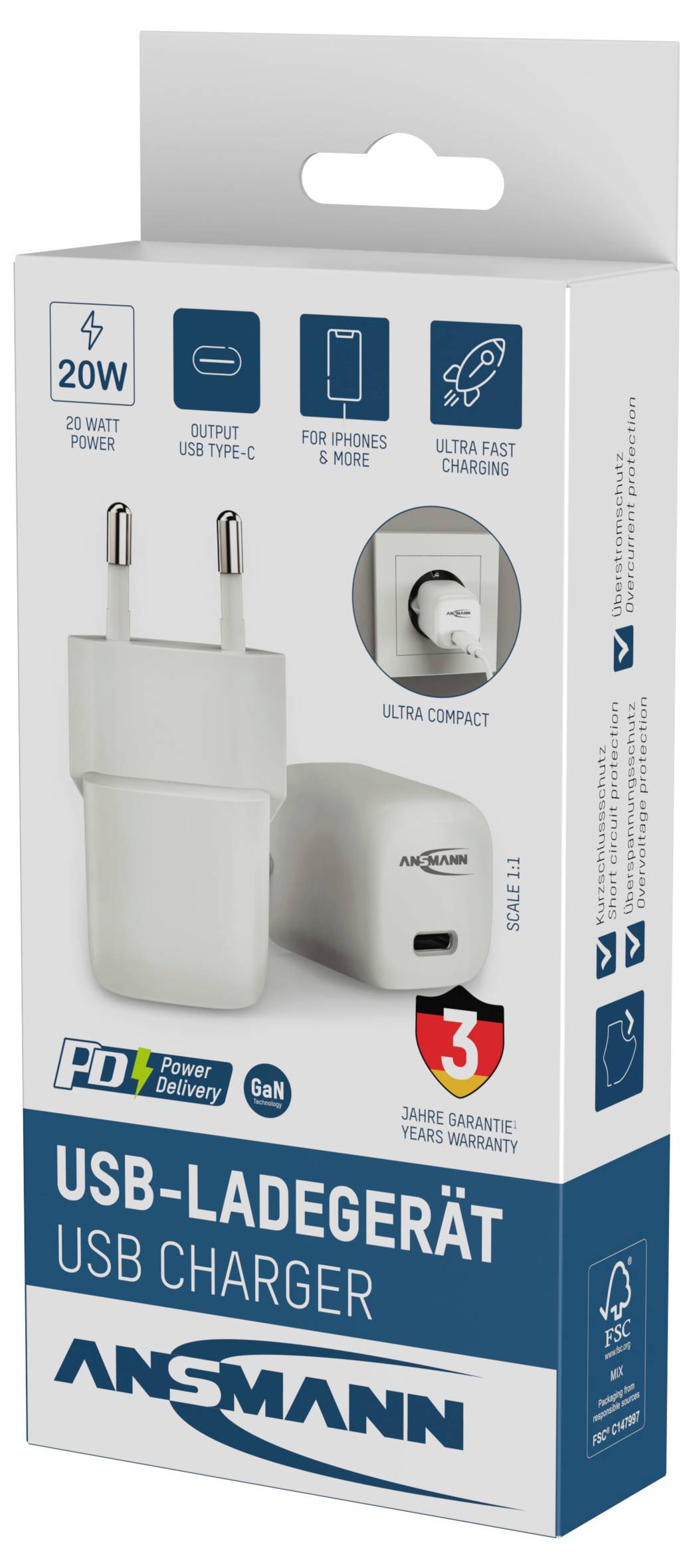 Witte USB-oplader verpakking van Ansmann met nadruk op 20W vermogen. Geschikt voor telefoons, ultra-compact, 3 jaar garantie.