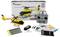 Speelgoed-helikopterset met afstandsbediening, oplader, gereedschap en instructies voor de originele verpakking.
