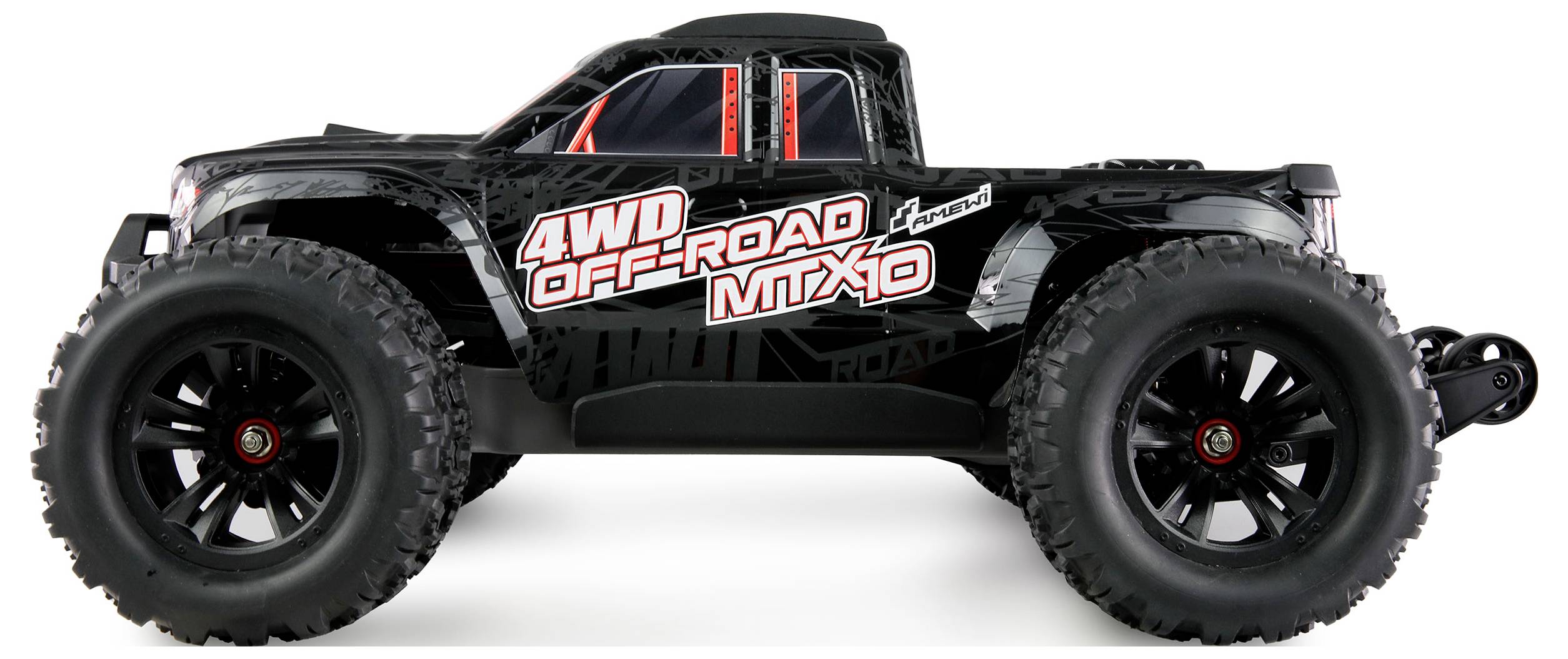 Zwart radiografisch bestuurbaar terreinvoertuigmodel met de opdruk '4WD Off-Road MTX10' aan de zijkant, grote wielen voor ongebaande paden.