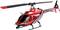 Rood speelgoed-helikoptermodel op witte achtergrond, met zwarte en zilveren strepen, gezien van opzij en licht van bovenaf.