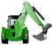 Groene graafmachine met zwarte arm op witte achtergrond, vooraanzicht.