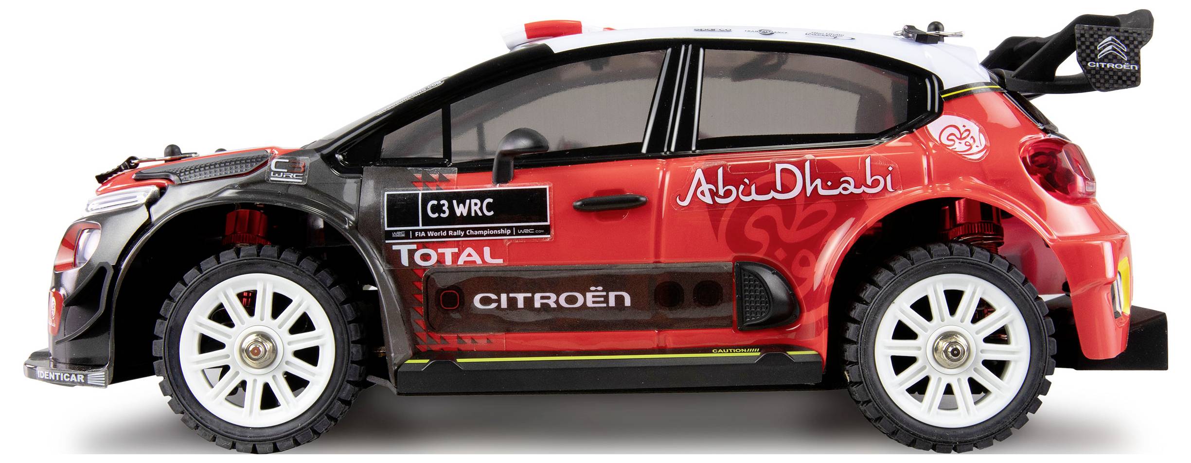 Speelgoed-rallywagen op schaal 1:16, rood-zwart design, gemerkt met 'Citroën' en 'Total', toont sponsorstickers.