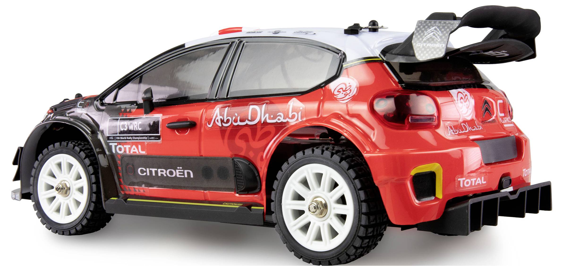 Een rood-zwart rallyautomodel met Citroën-markering en sponsorlogo's. Neutrale achtergrond, focus op voertuigdetails.