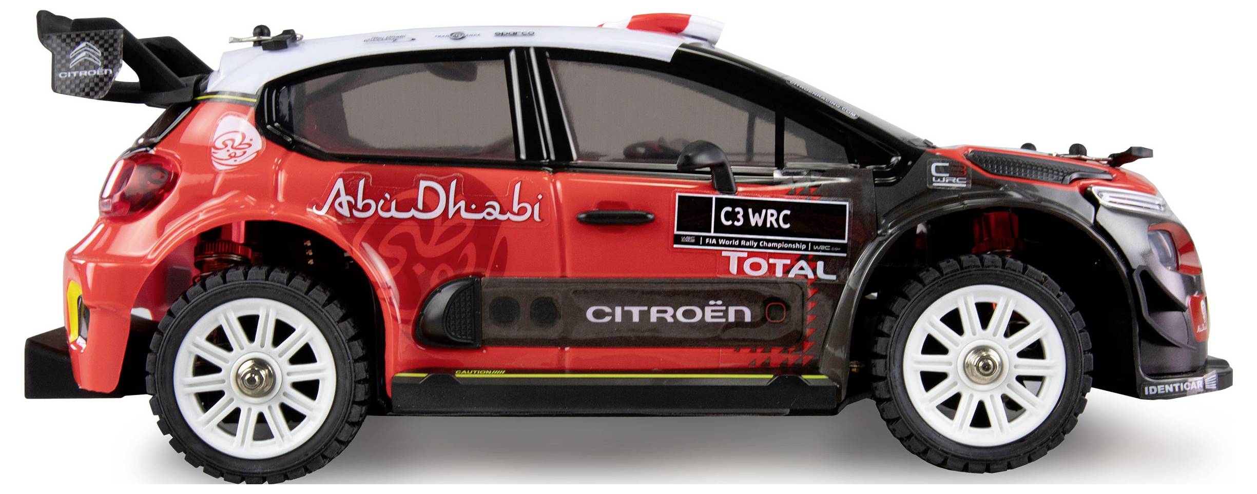 Speelgoedmodel van een rode Citroën C3 WRC rallyauto, zijaanzicht.
