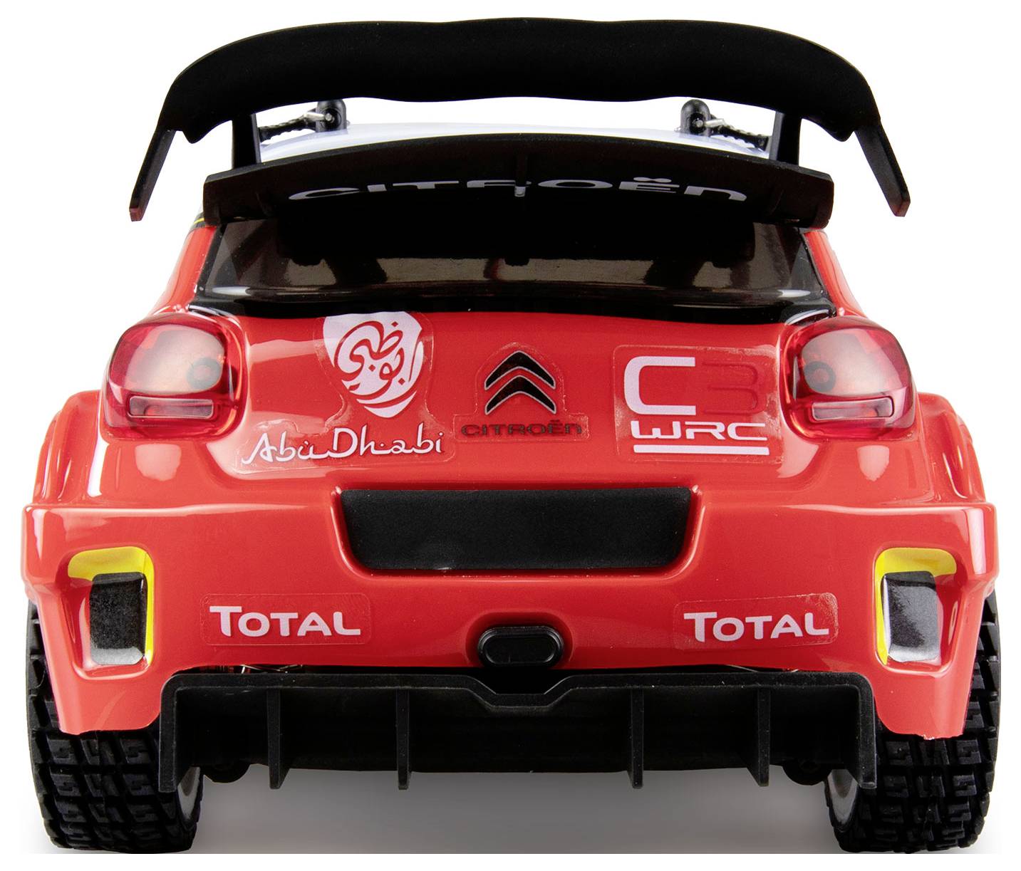 Rode speelgoedauto van achteren, met rallystickers en grote spoiler, op een witte achtergrond.