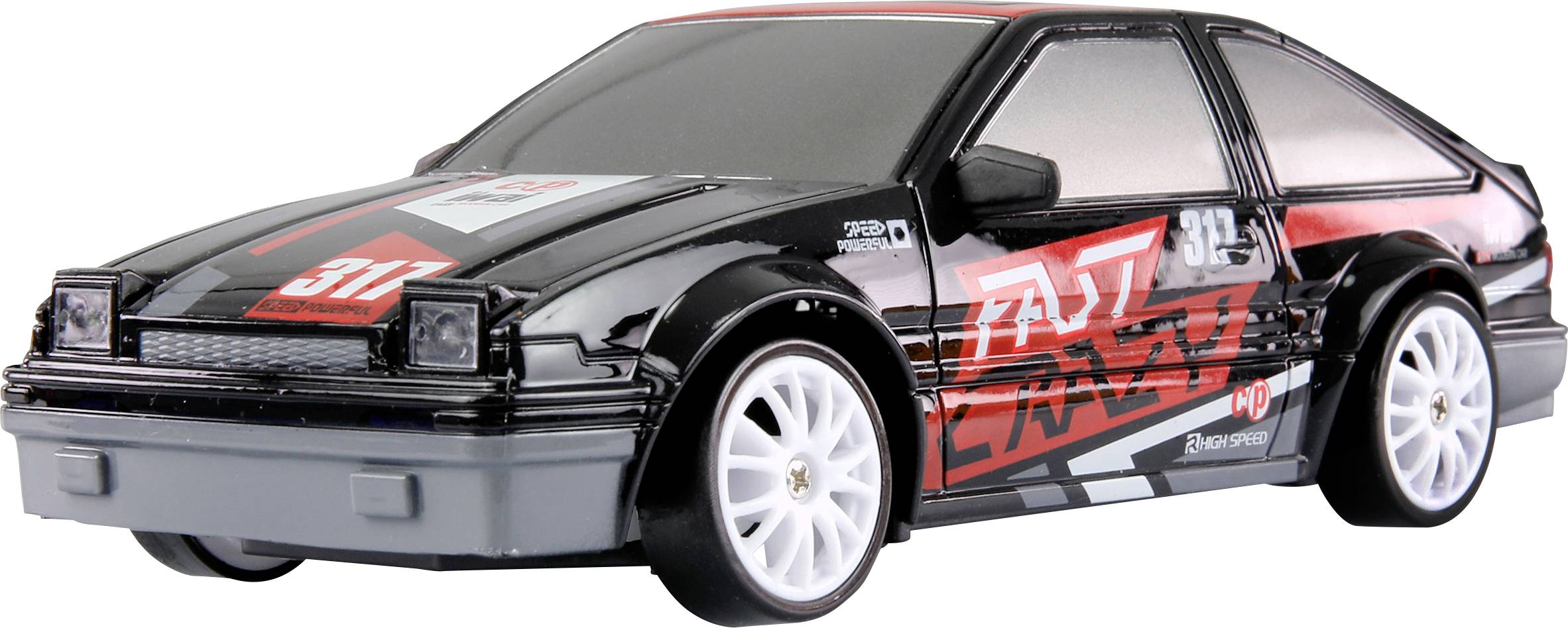 Zwart afstandsbediend speelgoed-racewagen met rode en grijze decoraties. Het heeft witte wielen en een sportieve carrosserie.