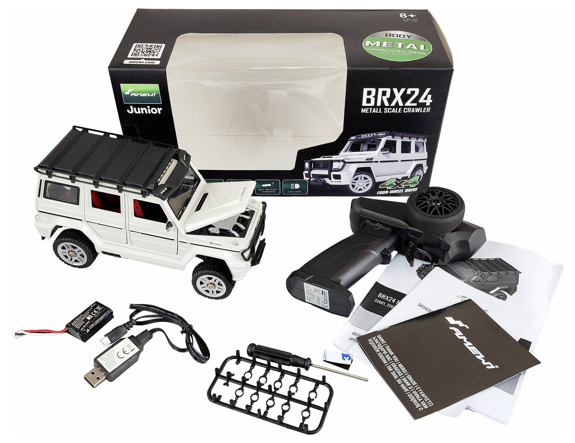 Speelgoedauto-set met afstandsbediening en toebehoren, vóór de verpakking gepresenteerd. Bevat oplader, reserveonderdelen en instructies.