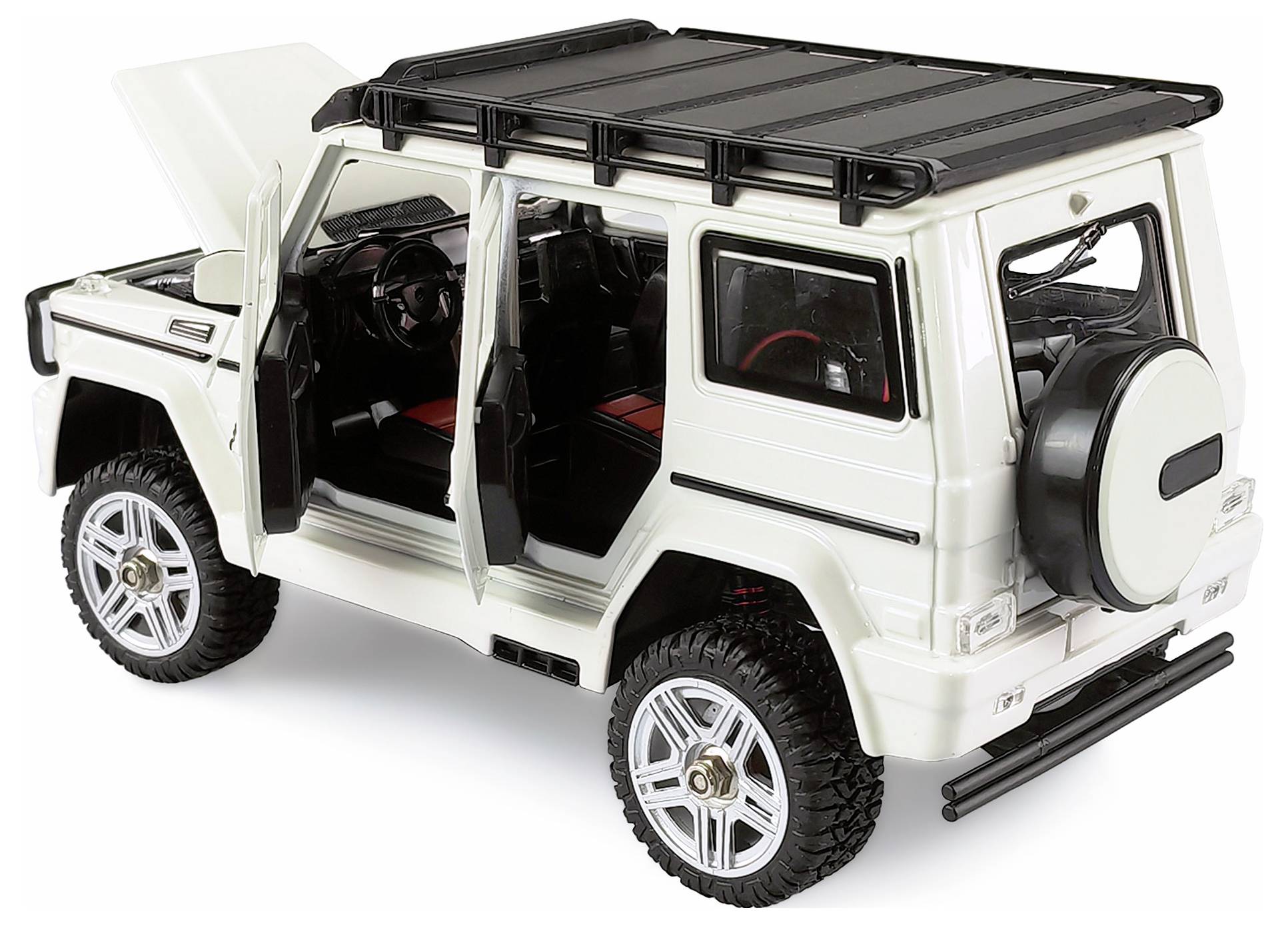 Wit speelgoed terreinwagen model met open deuren en motorkap. Gedetailleerde interieur en dakdragers zichtbaar.