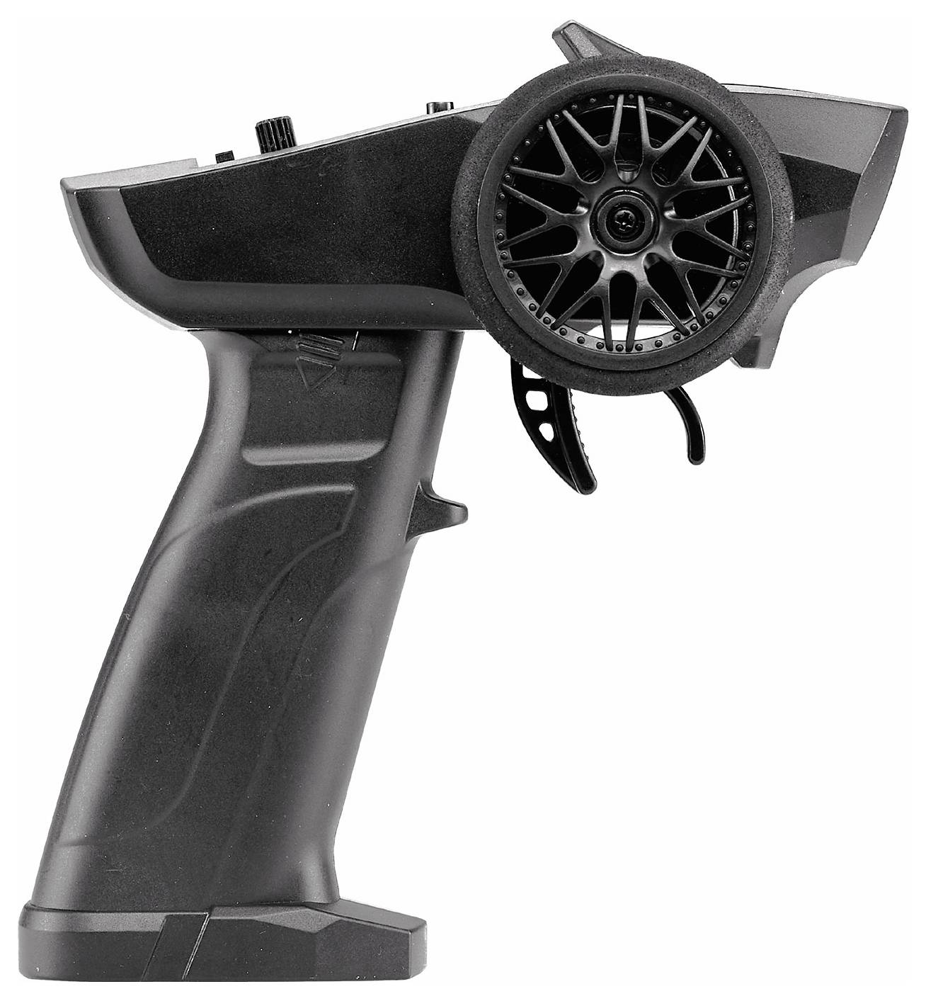 Zwarte afstandsbediening met stuurwiel, ergonomische greep en meerdere knoppen, geschikt voor bestuurbare auto's.