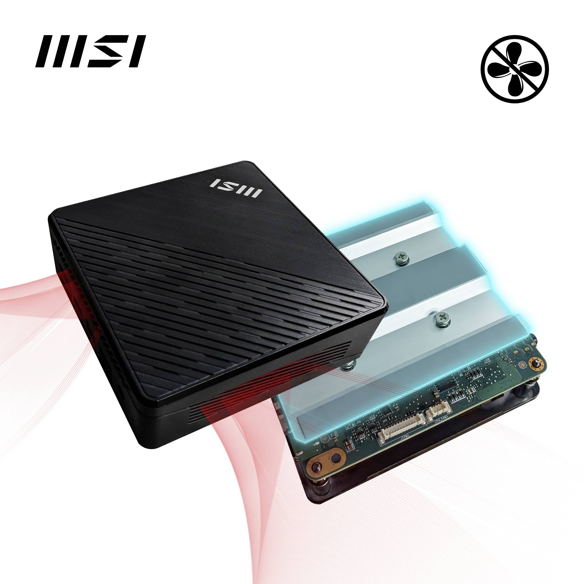 Compacte, zwarte MSI mini-pc met ventilator-pictogram. Geopend om blauwe, verlichte binnenonderdelen te tonen. Modern design.