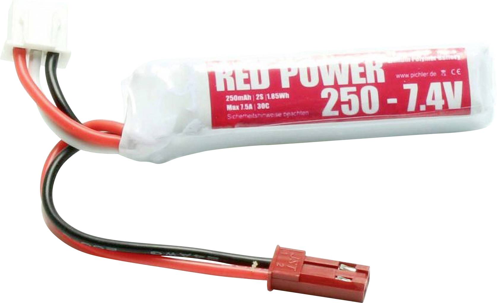 Een rode accu met kabel en aansluiting. Op de accu staat: 'RED POWER 250 - 7.4V, 250mAh, 25C'.