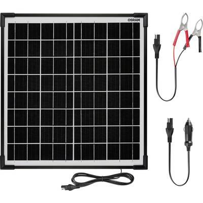 Zonnepaneel met kabels en klemmen, geschikt voor het opladen van 12V-batterijen. Bevat adapters voor verschillende aansluitingsmogelijkheden.