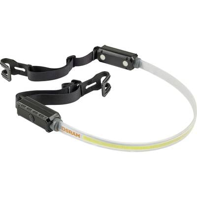 Hoofdlamp met flexibel, transparant lichtband en zwart hoofdband, gemerkt 'OSRAM', geschikt voor handsfree verlichting.