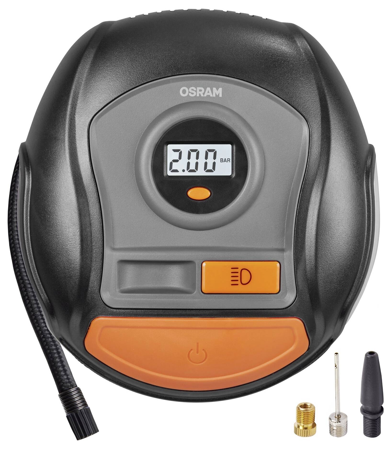 Draagbare compressor, display toont '2.00 BAR'. Inclusief adapter en naald, geschikt voor autobanden en sportballen.