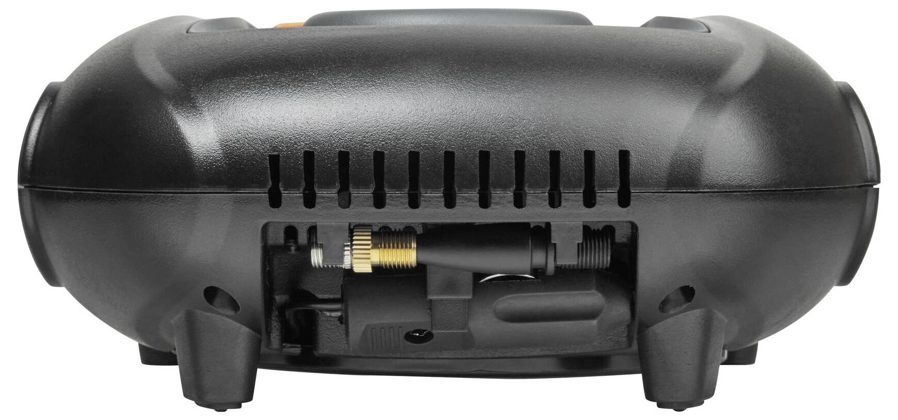 Een zwarte draagbare luchtkompressor van kunststof met zichtbare ventilatiesleuven en aansluitingen aan de voorkant.