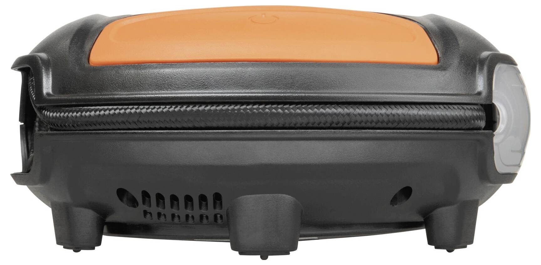 Een kleine, draagbare elektrische grill met een oranje deksel en zwarte behuizing, ideaal voor barbecueën onderweg.